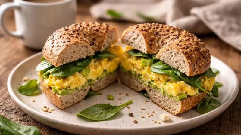 High protein breakfast bagel sandwich with eggs and avocado on homemade protein bagel