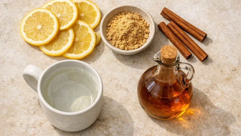 Ingredients for a homemade miracle weight loss drink including lemon, apple cider vinegar, ginger, cinnamon, and warm water