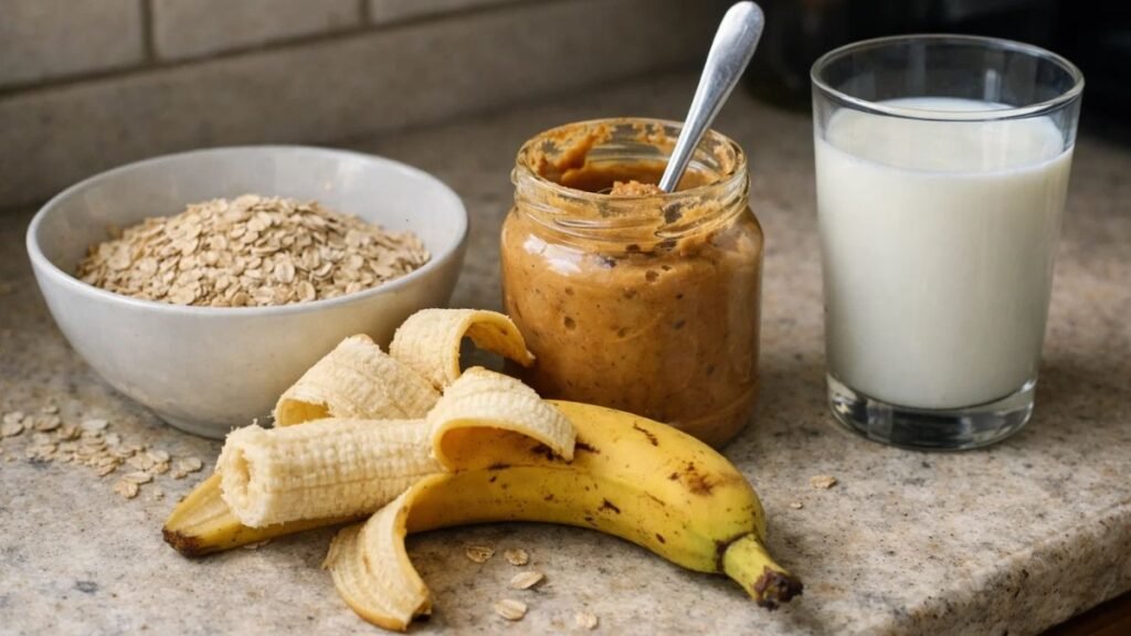 Ingredients for banana peanut butter overnight oatmeal including rolled oats, banana, peanut butter, and milk
