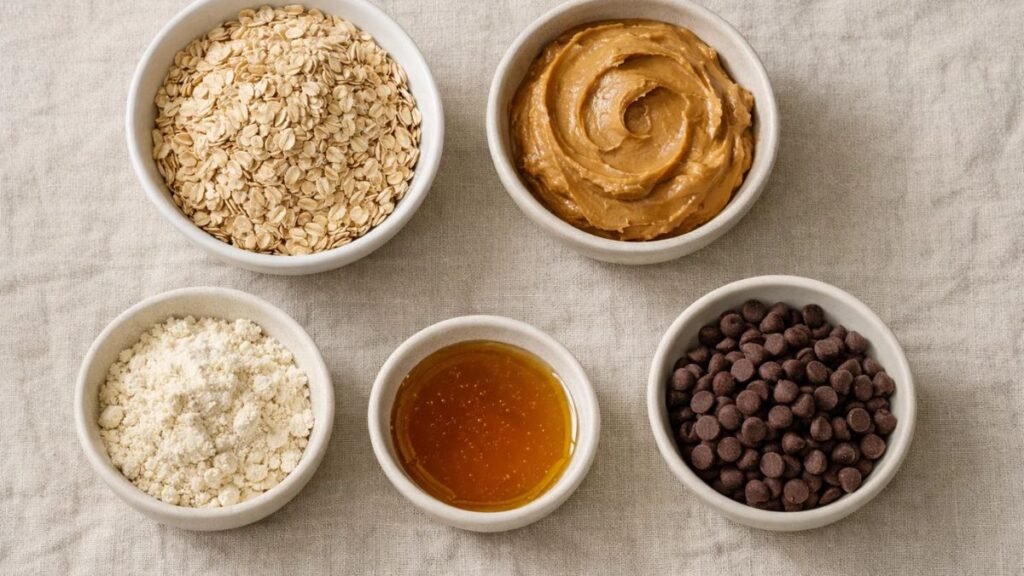 Ingredients for cookie dough protein balls including oats, peanut butter, protein powder, and chocolate chips