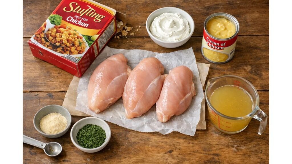 Ingredients for crockpot chicken and stuffing including chicken breasts, stuffing mix, cream of chicken soup, sour cream, and broth