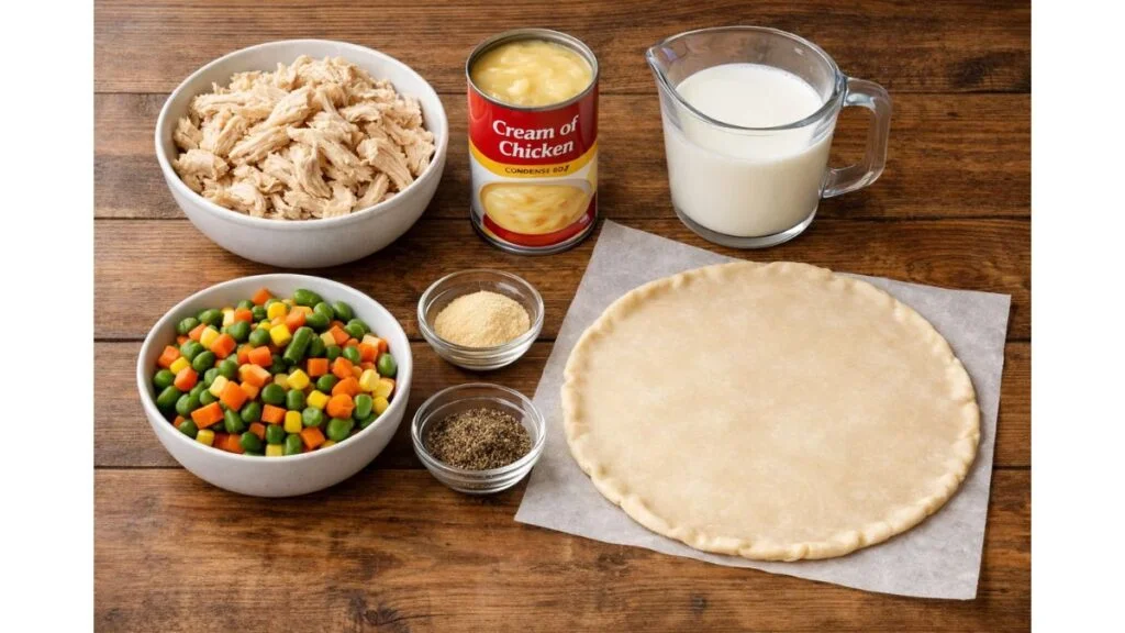 Ingredients for easy chicken pot pie with cream of chicken soup arranged on wooden table.