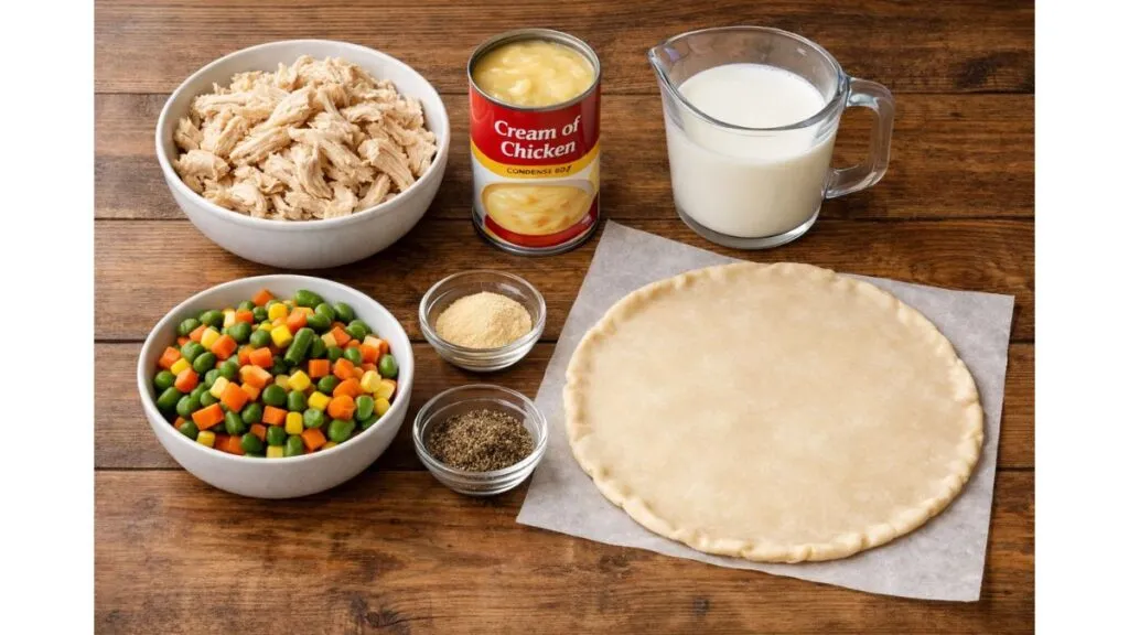 Ingredients for easy chicken pot pie with cream of chicken soup arranged on wooden table.