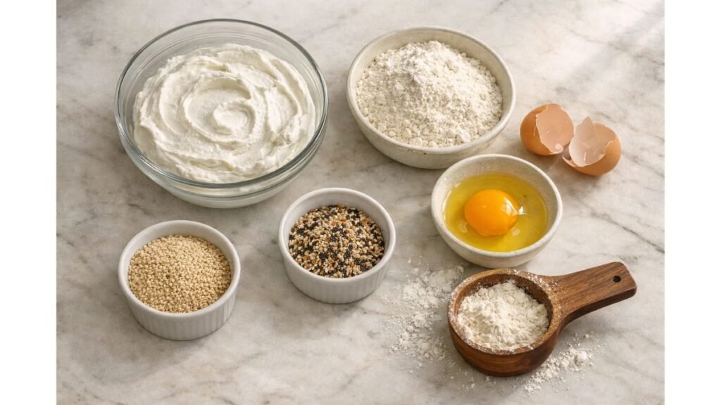 Ingredients for high protein bagel recipe including Greek yogurt, self rising flour, egg, and sesame seeds on kitchen counter