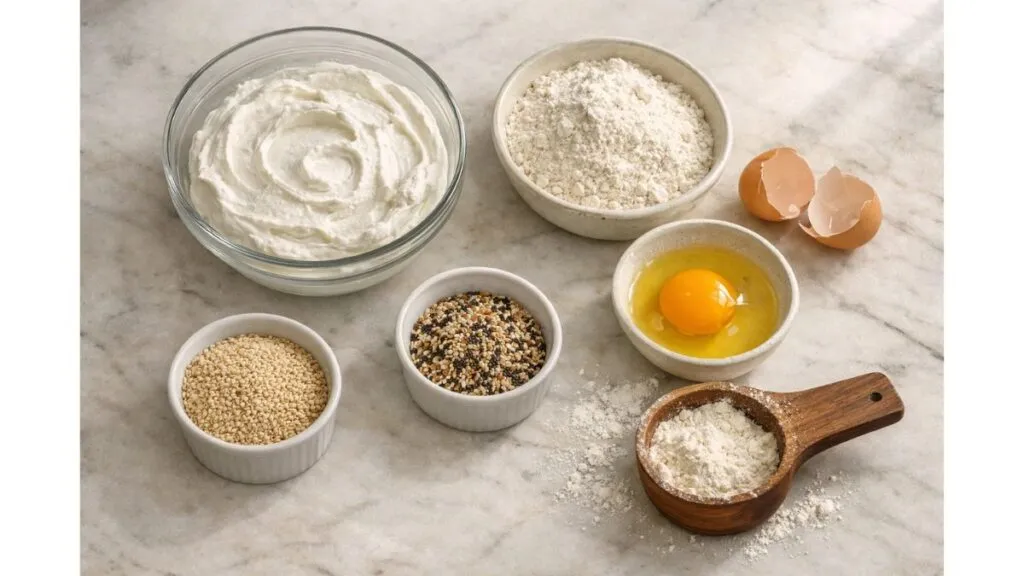 Ingredients for high protein bagel recipe including Greek yogurt, self rising flour, egg, and sesame seeds on kitchen counter