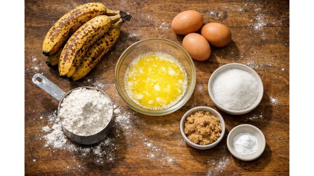 Ingredients for moist banana bread recipe for bread machine including ripe bananas, eggs, flour, sugar, butter, and baking soda on kitchen counter