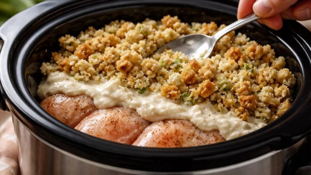 Layering chicken, cream sauce, and stuffing in slow cooker for easy crockpot chicken and stuffing recipe