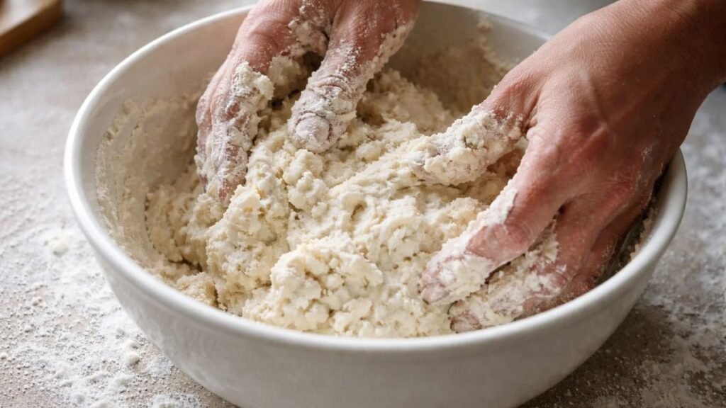 Mixing Greek yogurt and self rising flour for high protein bagel dough in ceramic bowl