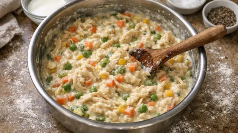 Mixing chicken pot pie filling with cream of chicken soup, shredded chicken, and mixed vegetables in a large bowl.