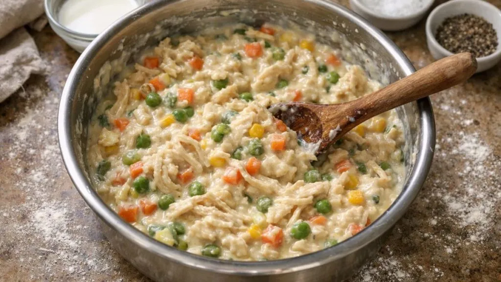 Mixing chicken pot pie filling with cream of chicken soup, shredded chicken, and mixed vegetables in a large bowl.
