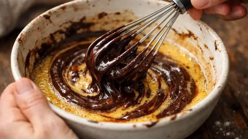 Mixing chocolate lava cake batter by hand with melted chocolate and eggs for a smooth, glossy texture