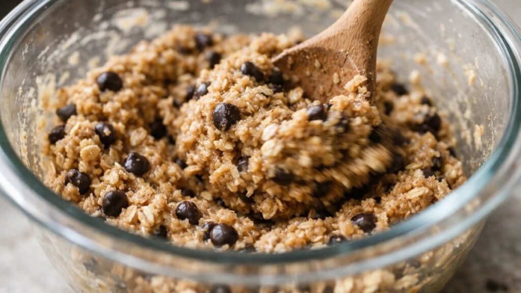 Mixing cookie dough protein ball mixture in a glass bowl by hand