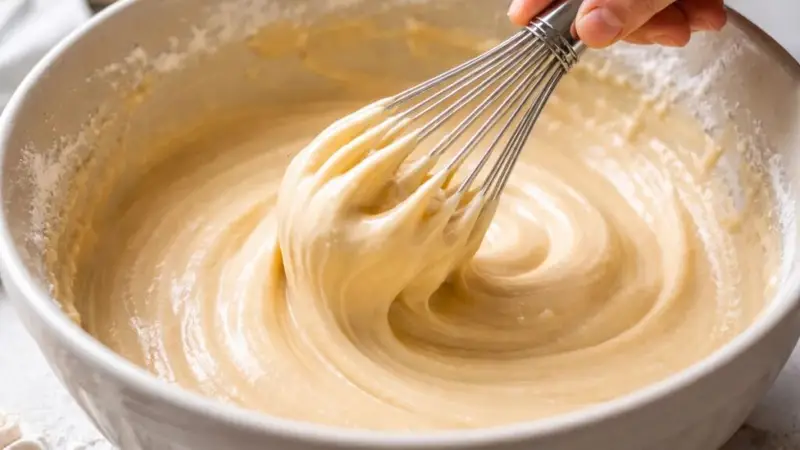 Mixing dairy-free cupcake batter in a bowl using oil and plant-based milk for a smooth texture