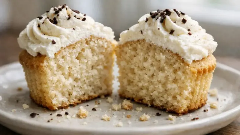 Moist and fluffy dairy-free cupcake interior showing soft crumb texture without milk or butter