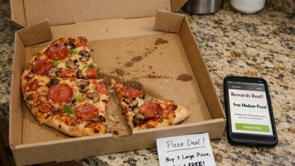 National Pizza Day pizza deals shown on a kitchen counter with partially eaten pizza and mobile app rewards