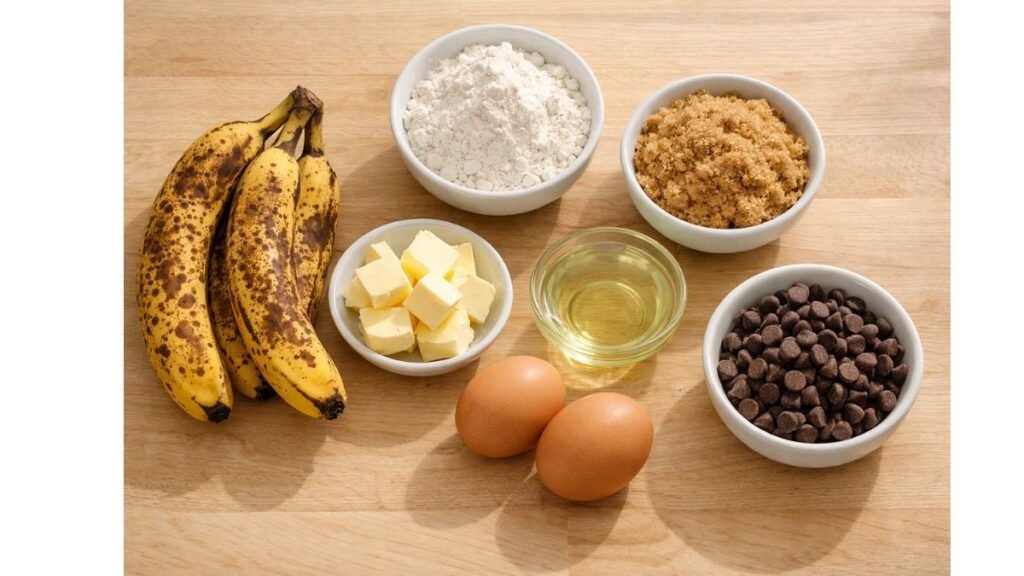 Overripe bananas with baking ingredients prepared for chocolate chip banana bread recipe