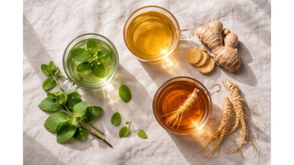 Peppermint ginger and ginseng herbal tea options for energy without caffeine