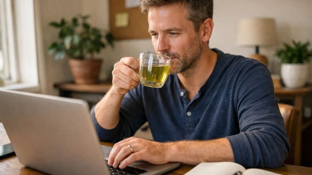 Person drinking green tea in morning for focus and sustained energy at work