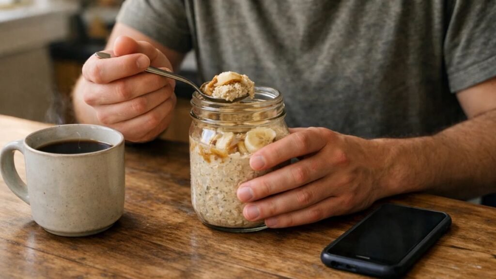 Person eating banana peanut butter overnight oatmeal for a quick healthy breakfast at home
