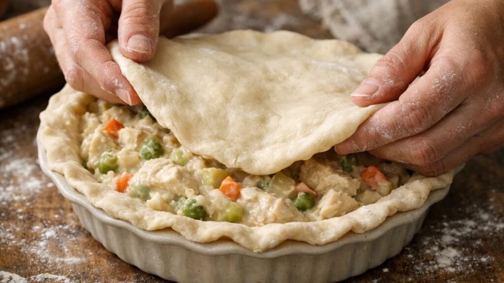 Placing pie crust over chicken pot pie filling in baking dish before oven.