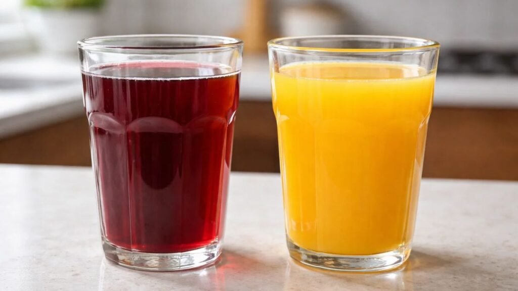 Pomegranate juice and orange juice in clear glasses, comparing antioxidant content and sugar impact for skin health.