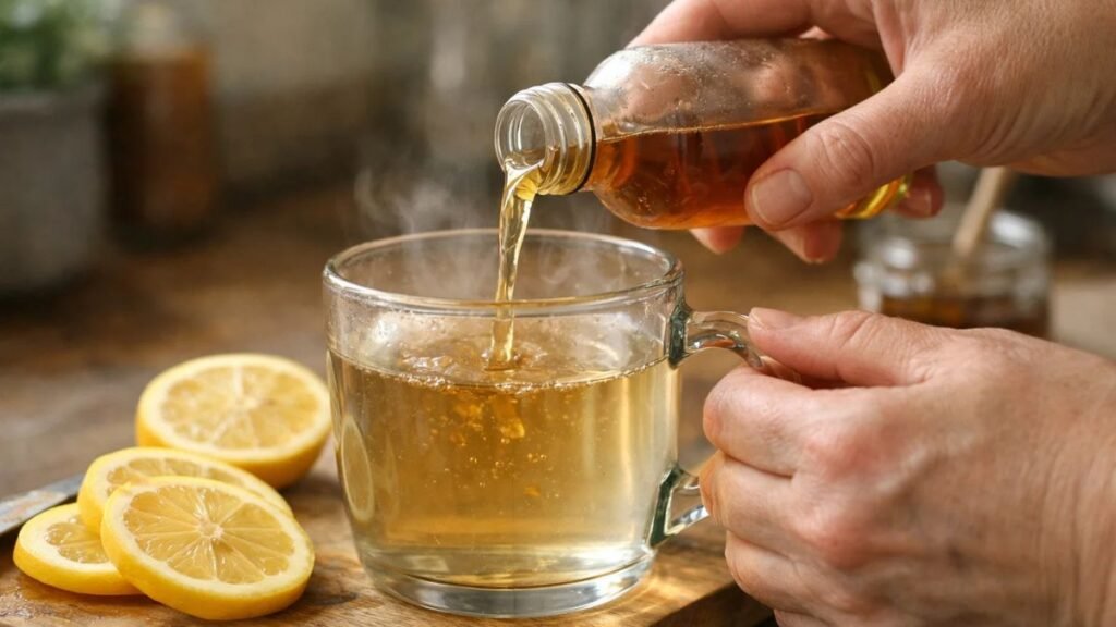 Preparing a miracle weight loss drink at home using warm water, lemon juice, and apple cider vinegar