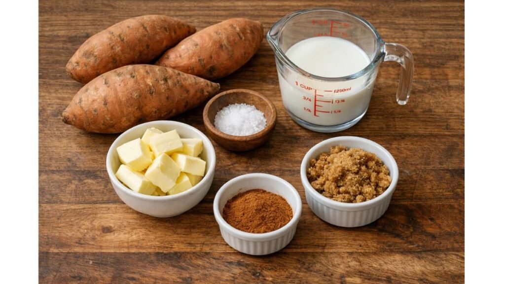 Raw ingredients for sweet potato puree recipe including whole sweet potatoes, butter, milk, cinnamon, and salt on wooden kitchen counter