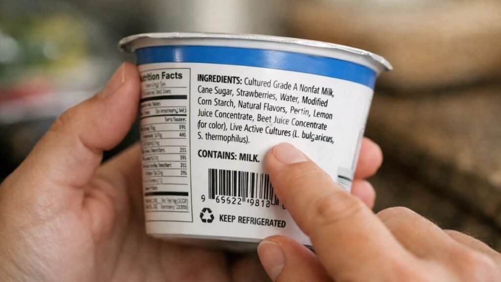 Reading yogurt nutrition label to check added sugar and ingredients in fermented dairy products