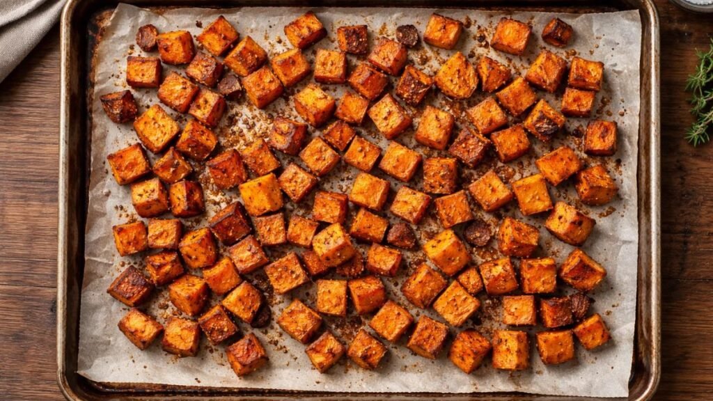 Roasted sweet potato cubes on baking sheet showing caramelized edges for sweet potato puree recipe