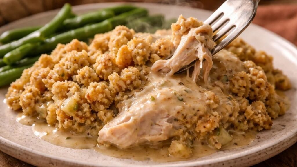 Served crockpot chicken and stuffing on plate with creamy sauce and tender chicken
