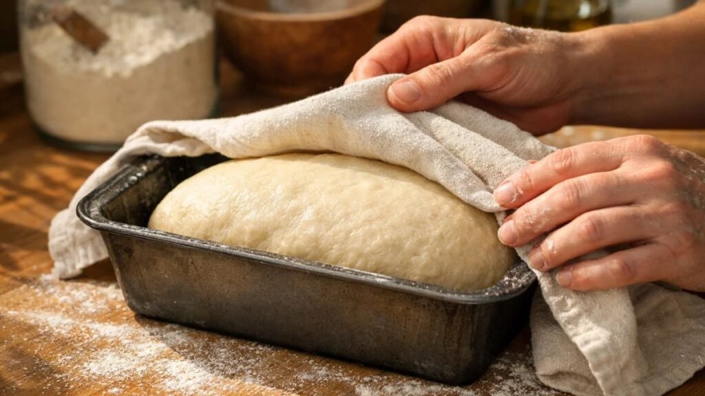 Shaped Ezekiel bread dough rising in a loaf pan, ready for baking, with hands adjusting the cloth cover.