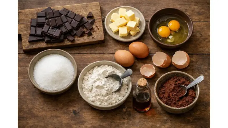 Chocolate lava cake ingredients including dark chocolate, butter, eggs, sugar, flour, and vanilla arranged on a kitchen counter