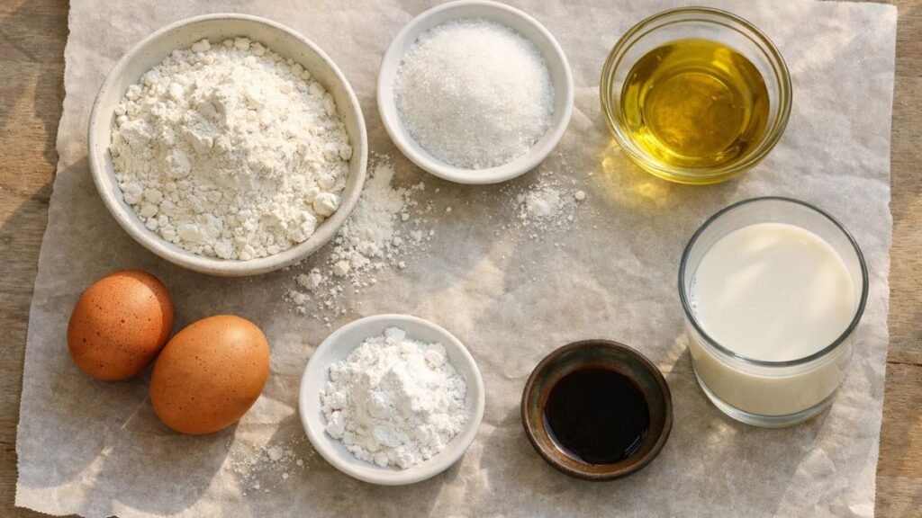 Dairy-free cupcake ingredients including flour, sugar, eggs, oil, and plant-based milk arranged on a kitchen table