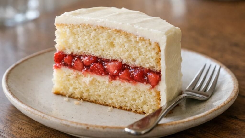 Slice of moist vanilla cake with strawberry filling showing soft crumb and layered structure