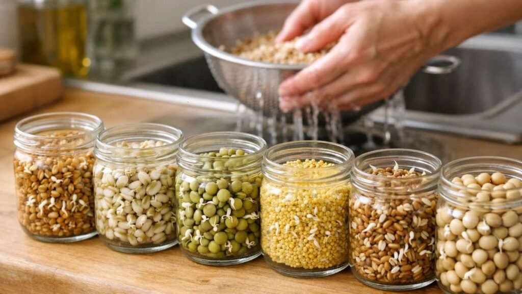 Close-up of sprouted grains and legumes in jars on a kitchen counter, highlighting the Ezekiel bread preparation process.