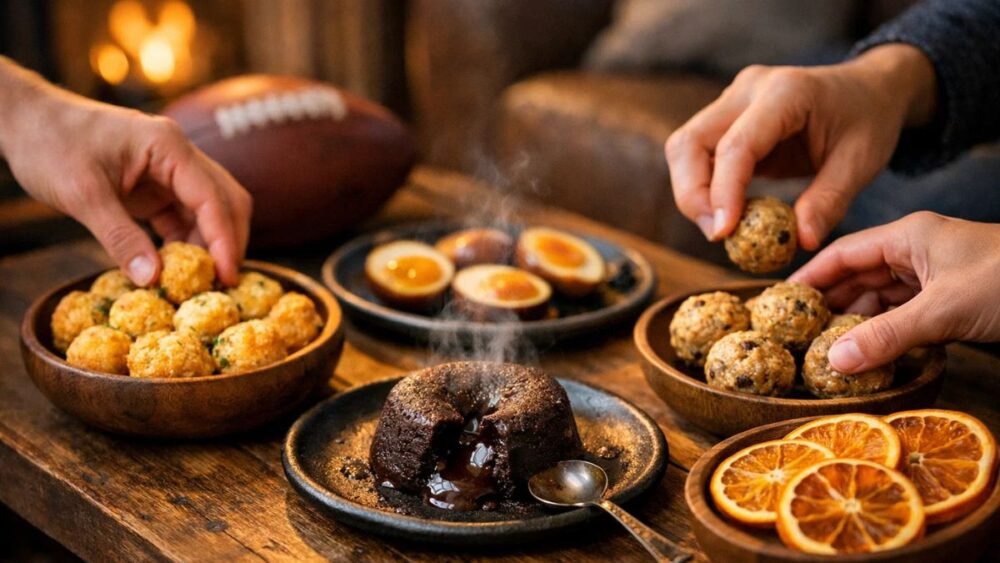 Healthy Super Bowl snack spread with mozzarella cheese balls, protein cookie dough bites, soy sauce eggs, dried oranges, and chocolate lava cake on a modern game-day table