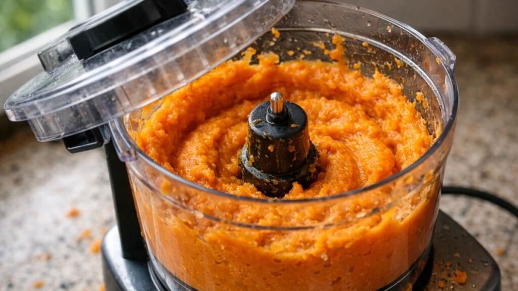 Sweet potato puree blending in food processor creating smooth creamy texture