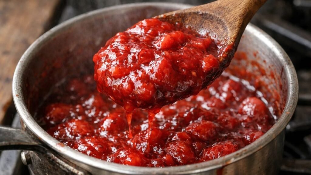 Thick homemade strawberry filling cooking in saucepan with visible fruit pieces and glossy texture