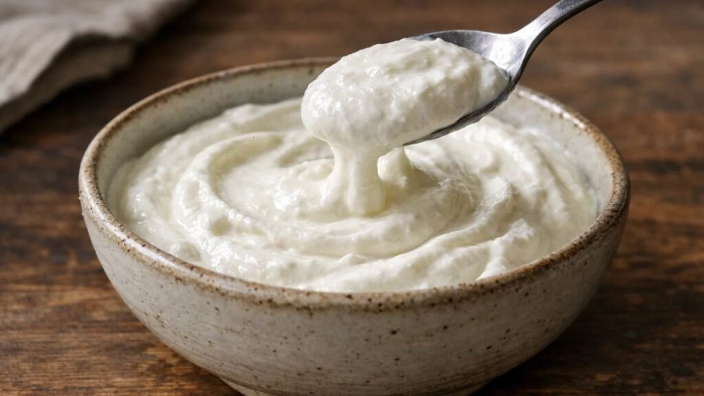 Thick plain Greek yogurt in a bowl showing creamy texture and protein-rich fermented dairy