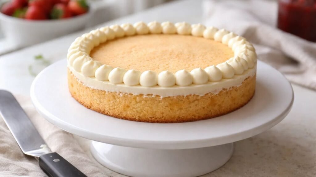 Vanilla cake layer with buttercream dam piped around edge before adding strawberry filling