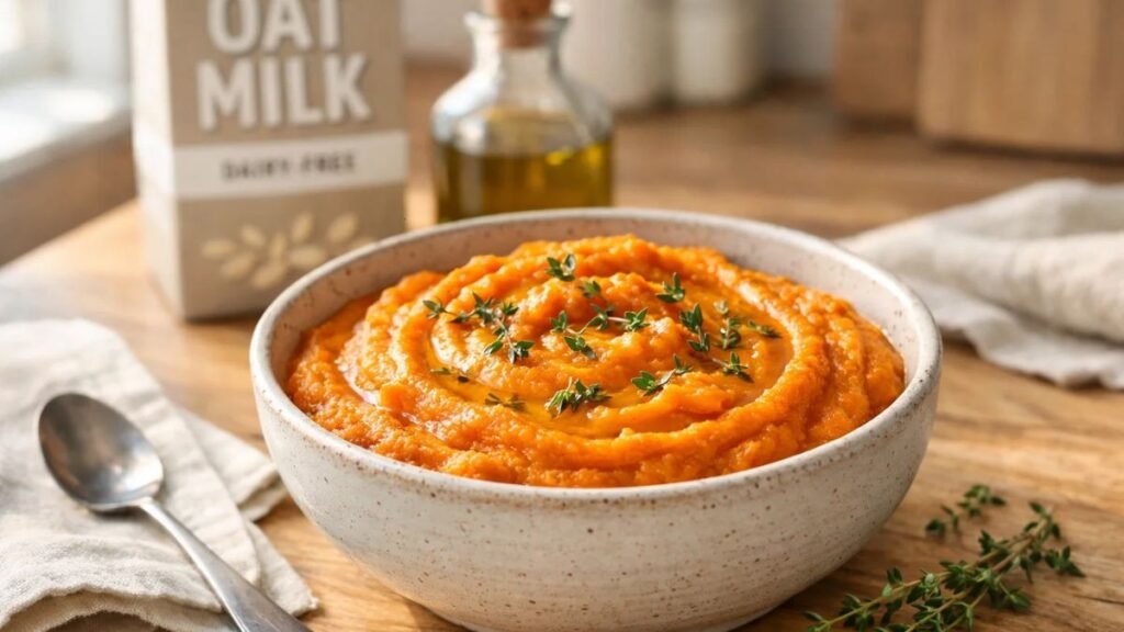 Vegan sweet potato puree made with olive oil and oat milk in ceramic bowl