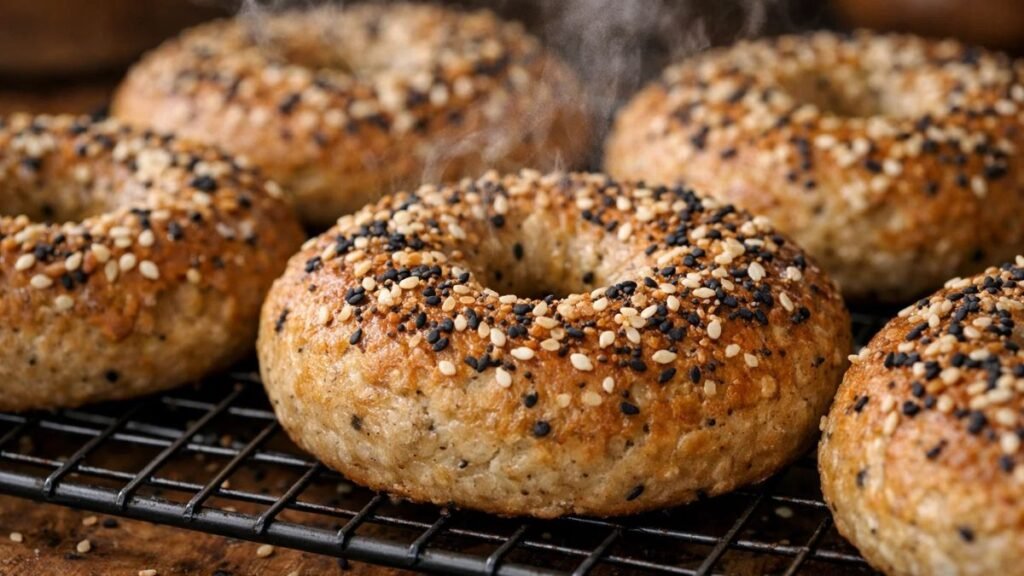 Freshly baked high protein bagels with golden brown crust and sesame toppings cooling on rack