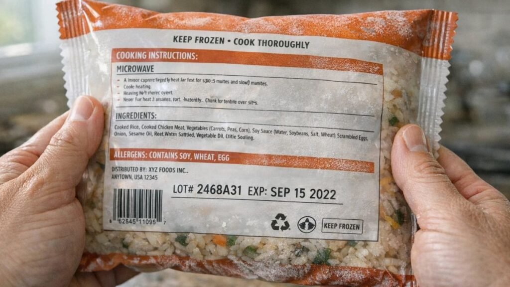 Close-up of frozen chicken fried rice package showing lot number and expiration date during recall investigation.