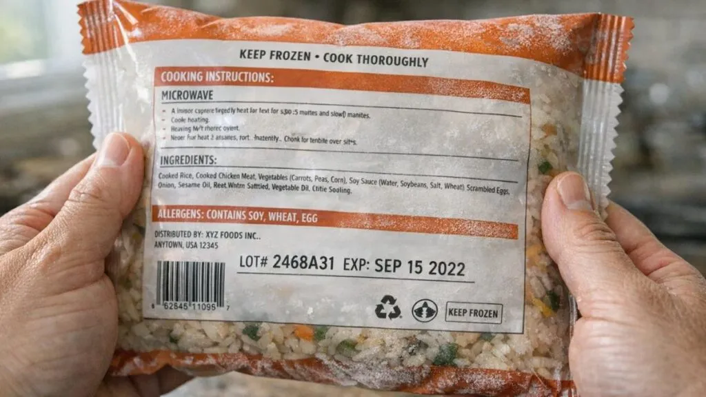 Close-up of frozen chicken fried rice package showing lot number and expiration date during recall investigation.