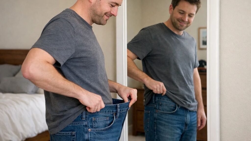 Realistic image of person noticing looser jeans after 12 weeks on semaglutide weight loss treatment