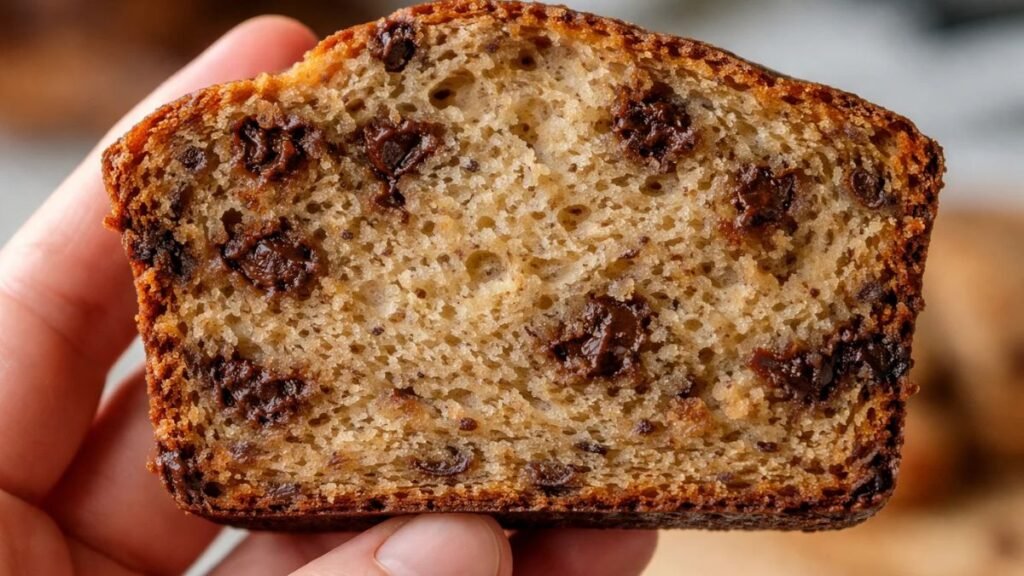 Close-up of moist banana bread slice showing soft crumb texture and chocolate chips made in bread machine