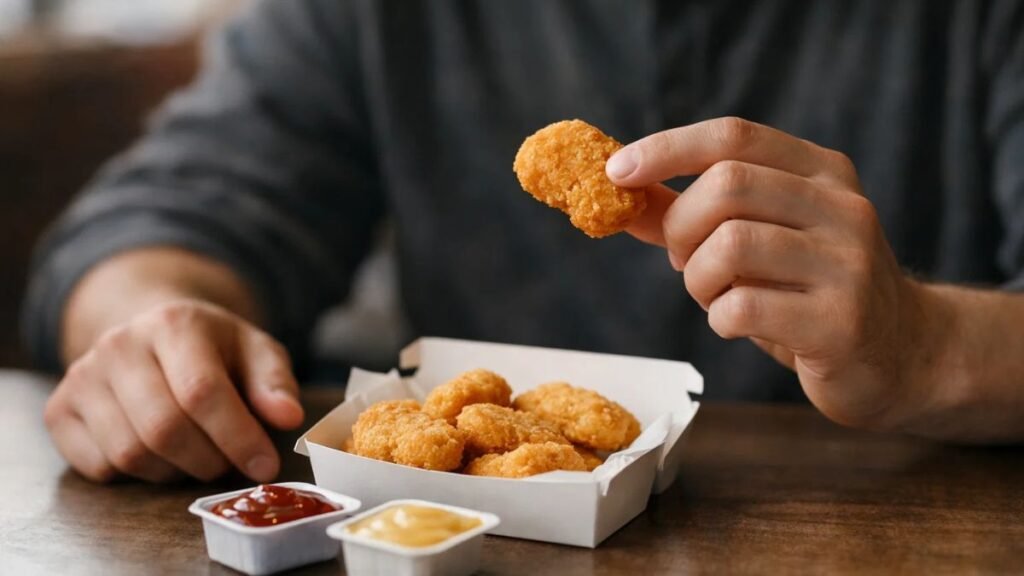 Person deciding whether to eat McNugget caviar kits, mindful fast food choice