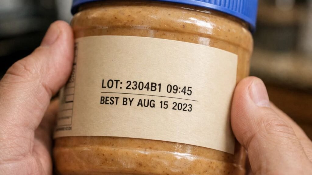Close-up of peanut butter jar lot number and expiration date during FDA recall check