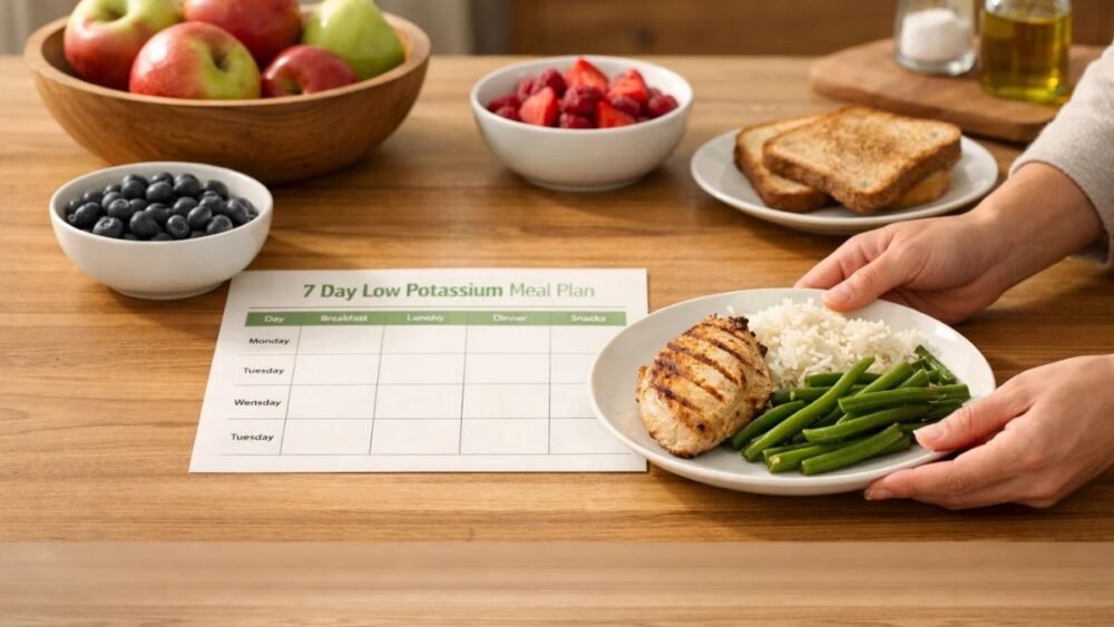 7 day meal plan for low potassium diet with kidney-friendly foods like apples, rice, chicken, and vegetables on a weekly planner