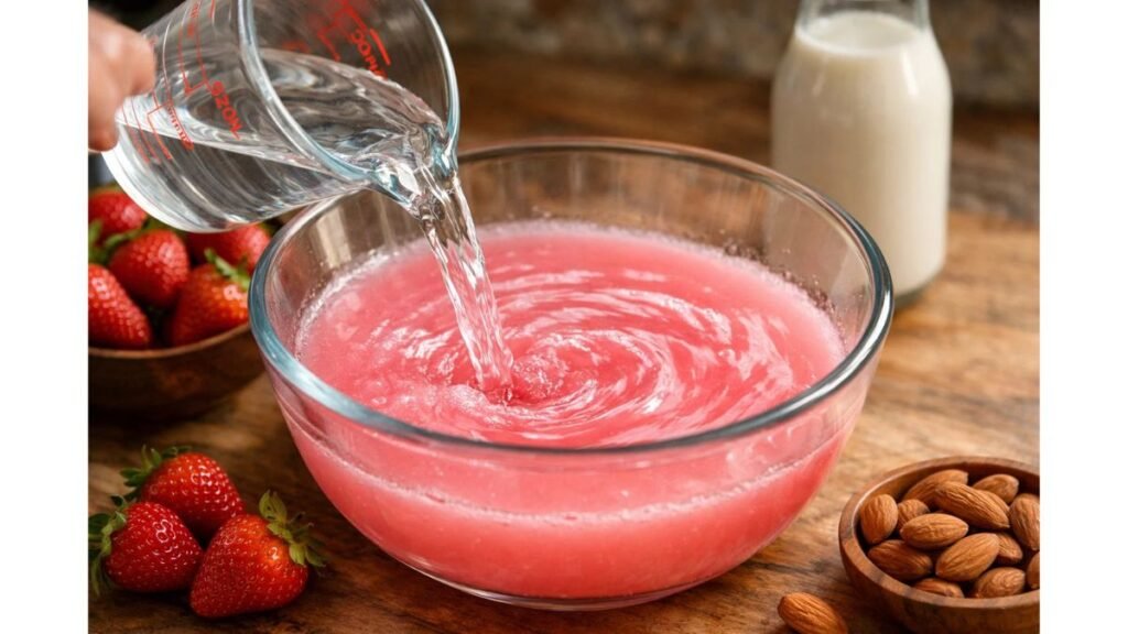 Adding cold water to pink gelatin mixture for healthy gelatin dessert recipe
